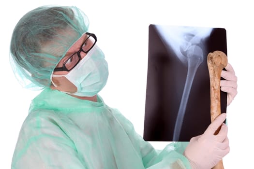 Details surgeon with xray and bone on white background