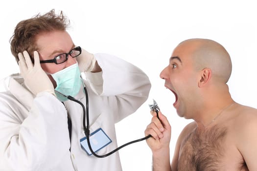 details funny doctor and patient with stethoscope