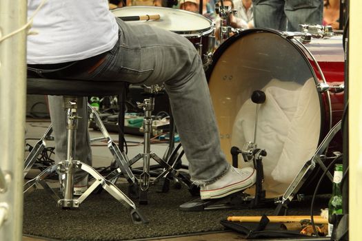 Drumkit in use on stage at the Cascade Steps during the annual Bristol Harbour Festival 2009 attended by an estimated 250,000 over 3 days