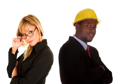 smiling businesswoman and businessman on white background