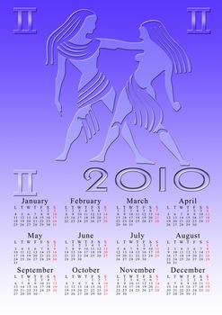 gemini. calendar for the year 2010 with the astrological sign
