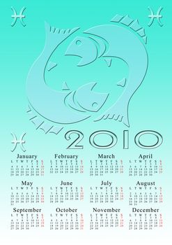 pisces. calendar for the year 2010 with the astrological sign
