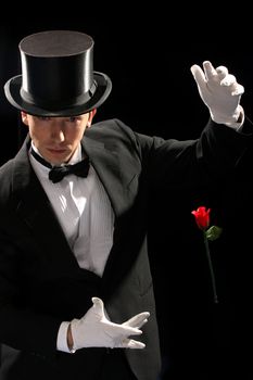 young magician performing red rose on black background