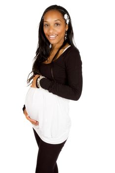 happy pregnant afro-american woman isolated on a white background