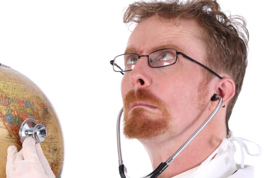 details funny doctor examine a globe with stethoscope