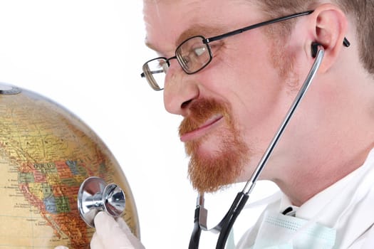 details funny doctor examine a globe with stethoscope