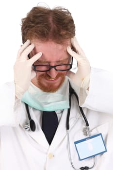 doctor having headache on white background