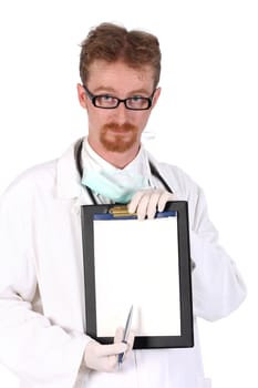 doctor holding a folder of information on white background
