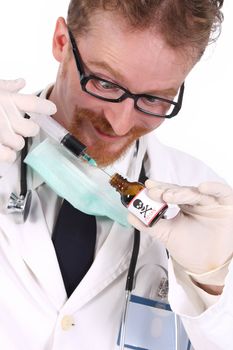 doctor with poison bottle and injection on white background