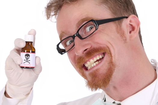 doctor with poison bottle on white background