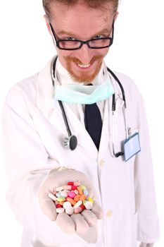 doctor with tablets on white background