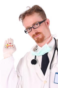 doctor with tablets on white background