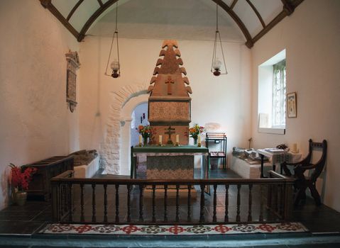 View of the altar in the ancient church of Melengell in North Wales