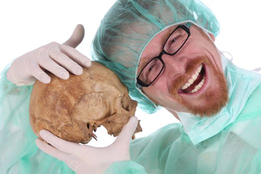 Details surgeon with skull on white background