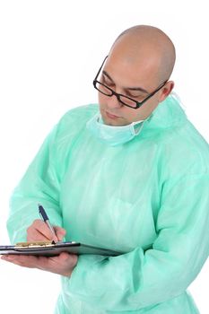 Details an surgeon with documents and pencil