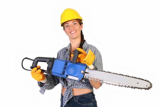 Beauty woman with chainsaw on white background