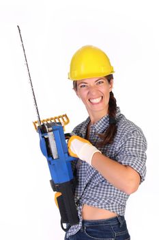 Mad woman with chainsaw on white background