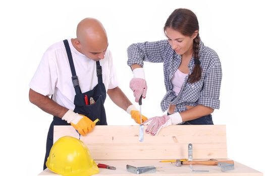 construction workers at work on white background 