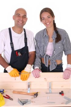 construction workers at work on white background 