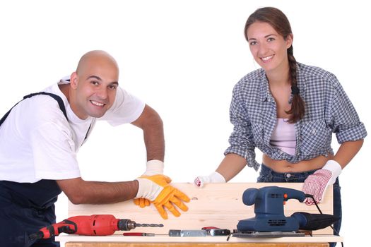 construction workers at work on white background