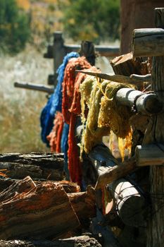 Skeins of handspun, natural dyed yard hang to dry on the corral fence