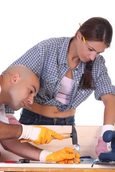 construction workers at work on white background 