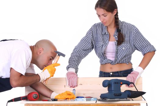 construction workers at work on white background 