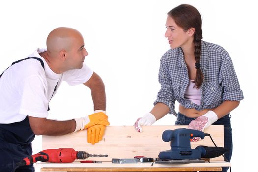 construction workers at work on white background 