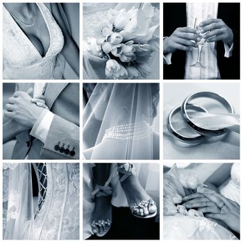 Collage of nine wedding photos in gentle - blue tone