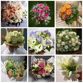 Collage of nine wedding photos with bouquets