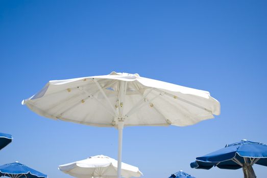 white and blue umbrellas on sunny beach