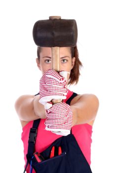 woman with black rubber mallet on white background 