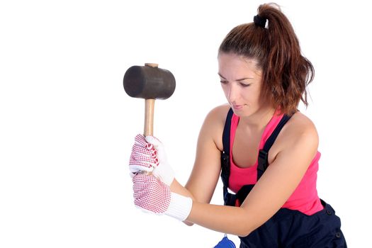 woman with black rubber mallet on white background 