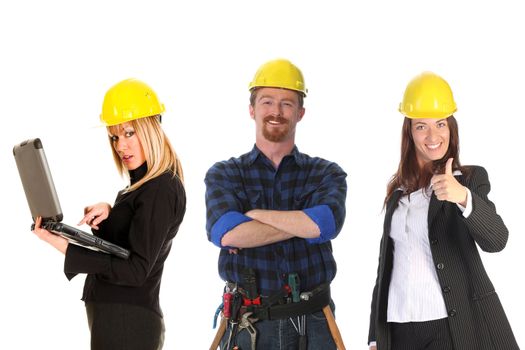 two businesswoman and construction worker on white background
