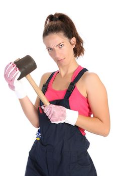 woman with black rubber mallet on white background 