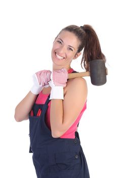 woman with black rubber mallet on white background 