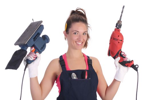 Beauty woman with auger and sander on white background
