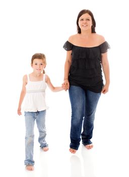 Mother and daughter posing together isolated on white