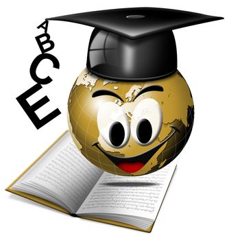 Humorous illustration university degree with globe smiling