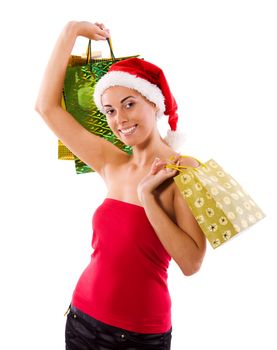 santa girl holding golden gifts and smiling isolated