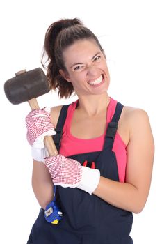 woman with black rubber mallet on white background 