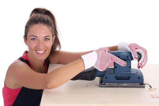 woman carpenter at work on white background 