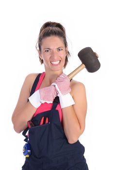 woman with black rubber mallet on white background 