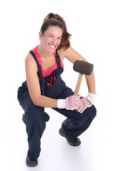 woman with black rubber mallet on white background 