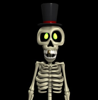 A skeleton wearing a fancy top hat.
