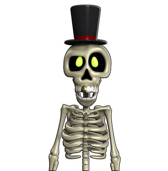 A skeleton wearing a fancy top hat.
