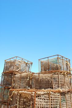 background of fishing cages in the port of Cascais, Portugal (sky background)