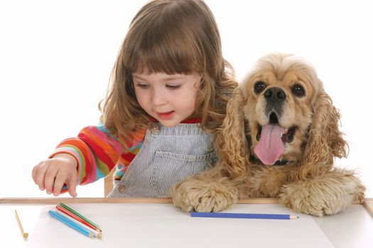 beauty a little girl and American Cocker Spaniel drawing