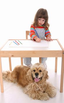 beauty a little girl and American Cocker Spaniel drawing