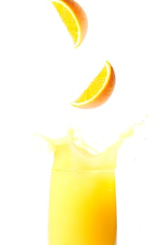 Delicious fresh orange juice on white